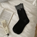 Calze di cotone nere con risvolto a righe grigie e dettaglio bottone retrò - Taglia unica / Nero