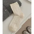 Creamy mid-calf knitted socks featuring 3D star patterns and ribbed cuffs - Wave Star Pattern