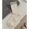Creamy mid-calf cotton socks with gray polka dot cuffs and bow jacquard pattern - Butterfly Dot Pattern