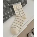 Mid-calf cream socks with grey stripes and white cat embroidery in Korean style - Striped Bear
