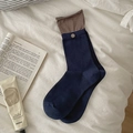Navy blue cotton crew socks with striped cuffs and vintage decorative buttons - One Size / Navy Coffee