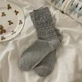 Japanese style cute bear pattern gray mid-calf socks with heart knit details - Light Gray