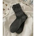 Japanese style dark grey mid-calf socks with cute bear and heart jacquard pattern - Dark Gray