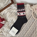 Dark grey Fair Isle crew socks with red ruffle trim and festive bear patterns - Gray Bear Theme
