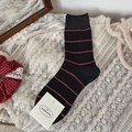 Dark grey cotton mid-calf socks with red and white horizontal stripes and ribbed texture - Striped Gray Style