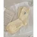 Cute light yellow mid-calf socks with blue bear embroidery and grey polka dots - Milky Yellow