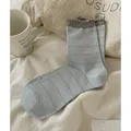 Light blue mid-calf socks with grey horizontal stripes and delicate ruffled cuffs - Light Blue