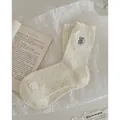 Beige cotton mid-calf socks with grey polka dots and blue bear embroidery detailing - Cream