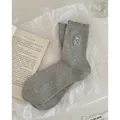 Light gray knit crew socks with polka dots, bear embroidery and ruffle trim details - Light Gray