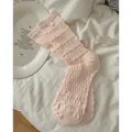 Light pink knit mid-calf socks with wavy texture and white decorative button detail - Light Pink
