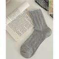 Japanese style gray cotton crew socks with blue ribbed cuff and vertical stripe texture - One Size / Light Grey Hollow-out