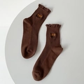 Calze a metà polpaccio marrone scuro in cotone con ricamo floreale e bordo a volant - Taglia unica / caffè