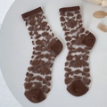 Brown sheer mesh knee-high socks featuring embossed floral patterns for a vintage Lolita look - One Size / Coffee