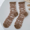 Brown floral sheer Lolita socks with vintage 3D flower pattern and knit trim - One Size / Khaki