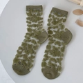 Olive green floral sheer mid-calf Lolita socks with vintage velvet flower patterns - One Size / Army Green