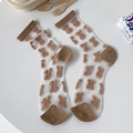 Weiße transparente Söckchen im japanischen Stil mit süßem braunem Bärenmuster - Einheitsgröße / Khaki