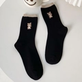 Black cotton socks with cute cartoon bear embroidery and light coffee rolled cuffs - One Size / Black