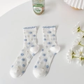 White sheer crew socks with blue floral pattern and ruffle trim in sweet Lolita style - Full Blue Flowers