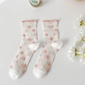 Sweet Japanese white mesh crew socks with pink floral 3D patterns and ruffled trim - Full Pink Flowers