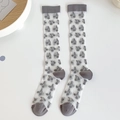 Japanese style thin white Lolita socks with grey cherry pattern and contrast toe and heel - Gray