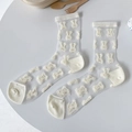 Sweet white mesh crew socks featuring adorable teddy bear patterns for summer wear - One Size / Cream