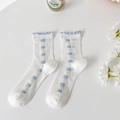 Sheer white mesh crew socks with blue floral embroidery and wavy lace trim - Little Blue Flower
