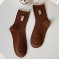 Japanese style cute cartoon bear socks in dark brown ribbed cotton for women - One Size / Coffee