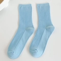 Light blue crew socks with ribbed cotton texture in a Japanese preppy style - Aqua Blue