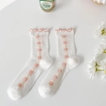 White sheer crew socks with pink lettuce trim and 3D daisy flower embroidery - Pink Flower