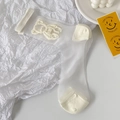White semi-transparent mesh socks with cute 3D embroidered bear patch and knit cuffs - Cream