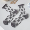 Japanese style sheer crew socks featuring grey bear jacquard pattern on white mesh - One Size / Dark Gray