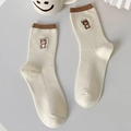 Calze beige a metà polpaccio in cotone con ricamo orsetto e bordo a coste marrone - Taglia unica / Bianco Crema