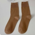 Morandi dark brown mid-calf cotton socks with stylish ruffled edges and ribbed texture - Khaki