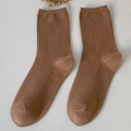 Minimalist brown ribbed crew socks for women made of premium cotton knit fabric - Khaki