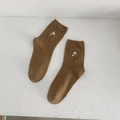 Coffee brown mid-tube cotton socks with delicate daisy embroidery and ribbed cuffs - One Size / Khaki