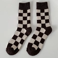 Adult wool crew socks featuring a retro black and white checkerboard pattern and ribbed cuffs - One Size / Coffee & White