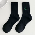 Calze nere in cotone a metà polpaccio con ricamo albero verde e costine - Taglia unica / Nero