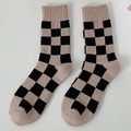Thick wool checkered crew socks in beige and black pattern for winter warmth - One Size / Khaki+Black