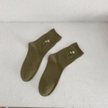 Olive green cotton crew socks featuring delicate small daisy flower embroidery detail - One Size / Olive Green