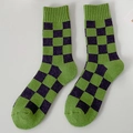 Green and purple checkered wool crew socks with thick thermal knit texture - One Size / Green+Purple