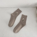 Japanese style light brown cotton crew socks with delicate small daisy embroidery detail - One Size / Beige