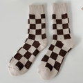 Thickened retro checkerboard wool socks in brown and off-white pattern - One Size / Cream+Brown