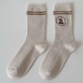 Calze di cotone a coste color crema con strisce marroni e simpatica toppa a orso - Taglia unica / Latte di Cocco