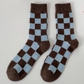 Thick wool socks featuring blue and brown checkerboard pattern with ribbed cuffs - One Size / Brown+Blue