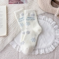 Calze invernali color crema con fiocchi di neve blu e ricamo Happy Snowman - Fiocco di neve