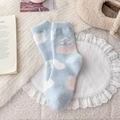 Sky blue plush winter socks featuring cute cloud patterns and house embroidery - Snow House