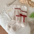 Beige wool blend socks with red wavy lace trim and knit bow decoration - 3D Bow (3744-1)