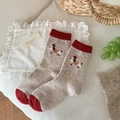 Oatmeal wool crew socks with red accents and a cute cartoon puppy embroidery - Color Dot Dog Embroidery (3744-2)