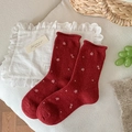 Red wool socks featuring cute pink floral embroidery and stylish rolled cuffs for women - Red Small Floral (3744-3)