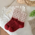 Red wool blend socks with polka dots, classic plaid patterns and pink ruffle details - Red and White Polka Dots (3744-4)